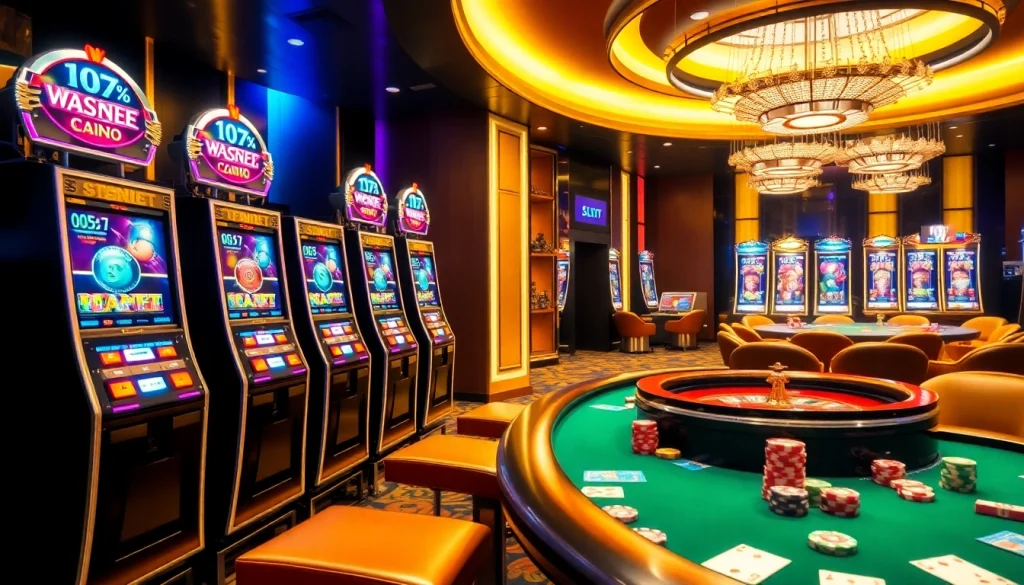 Experience the thrill of winning at SLOT99 with vibrant slot machines and elegant casino decor.