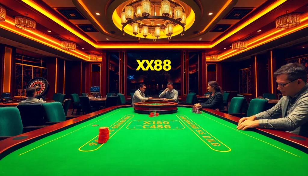 Exciting casino gameplay at XX88 with roulette, poker chips, and players betting.