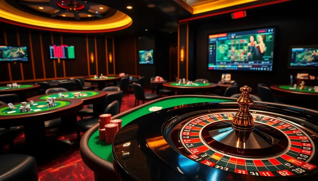 Experience luxury gambling at BJ388 with vibrant casino tables, poker chips, and modern betting screens.