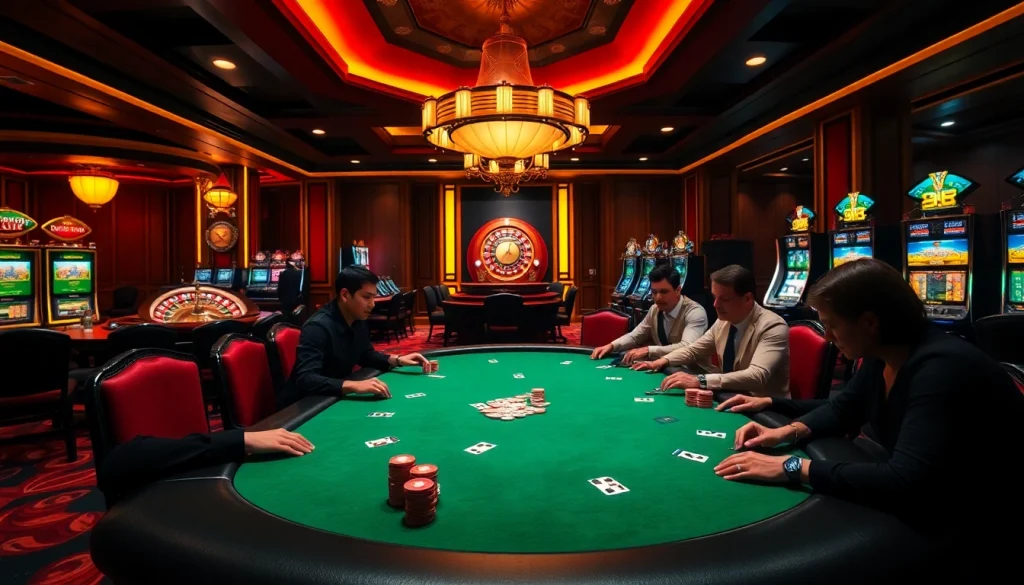 Players enjoying Texas Hold'em at a luxurious casino table, highlighting the experience at https://789f.town/.