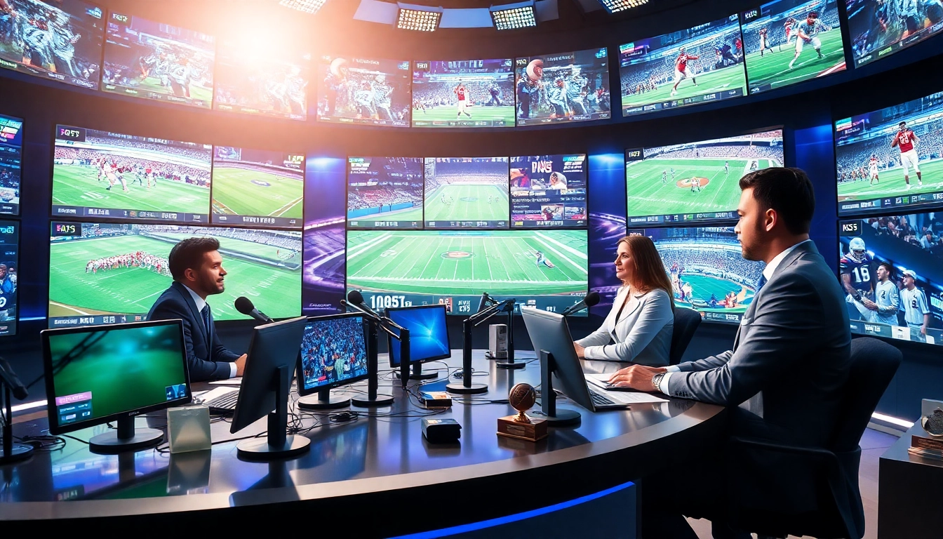 Engaging discussion in a sports broadcasting studio featuring diverse hosts and high-tech displays.