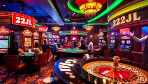 Exciting casino scene with gambling action at 22JL tables and roulette wheels, showcasing dynamic gaming.