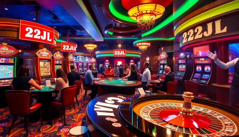 Exciting casino scene with gambling action at 22JL tables and roulette wheels, showcasing dynamic gaming.