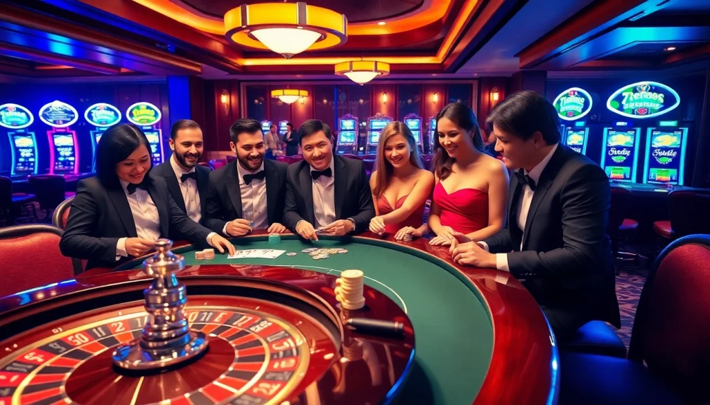 Gambling excitement at 789f best casino, featuring vibrant tables, chips, and a roulette wheel.