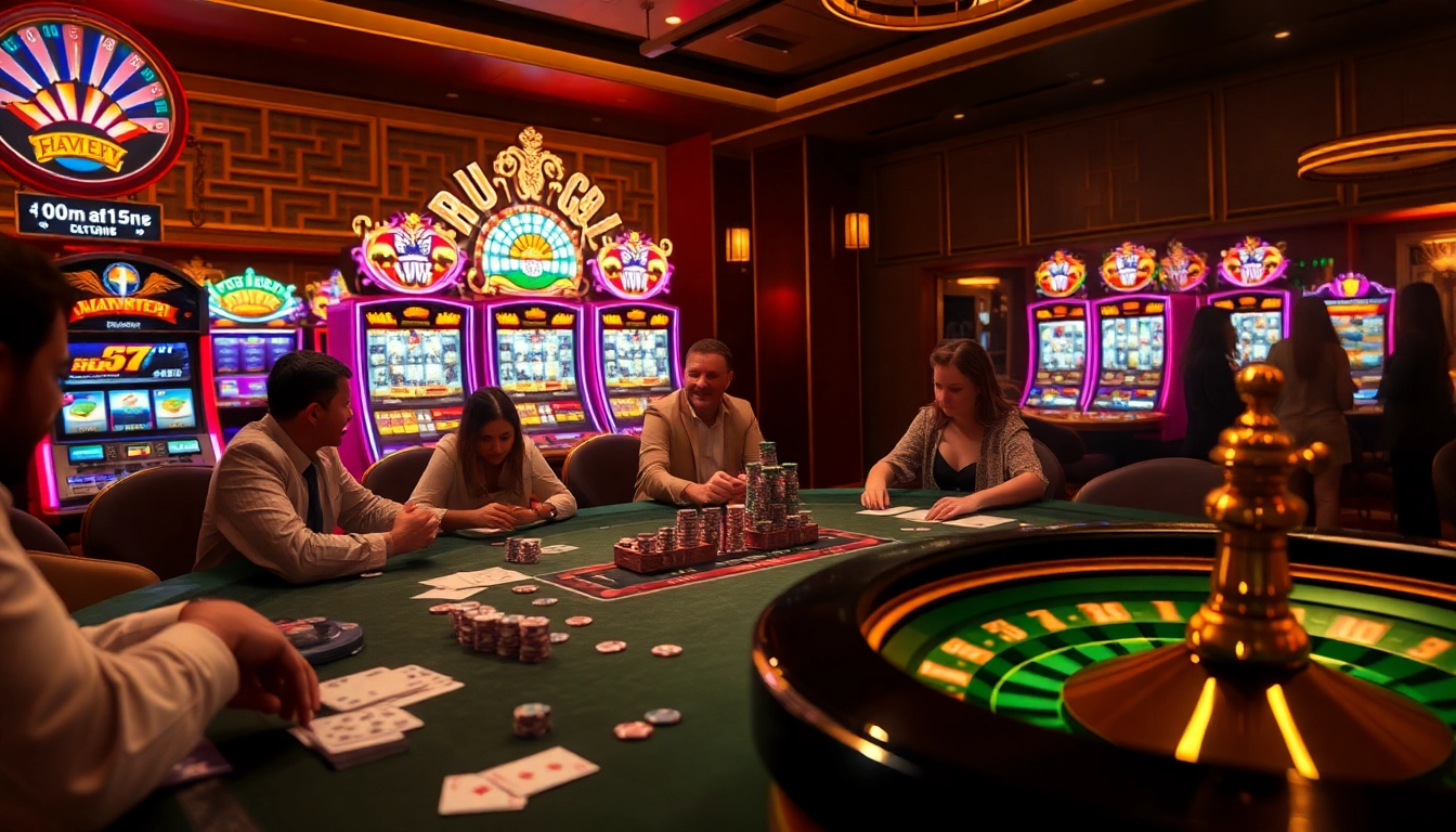 Players enjoying a thrilling poker game at RR88 casino table surrounded by vibrant slot machines.