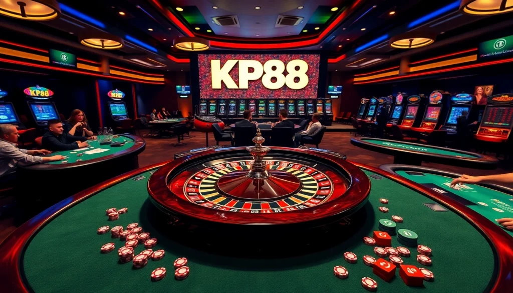 Experience the thrilling KP88 casino atmosphere with vibrant poker tables and roulette action.