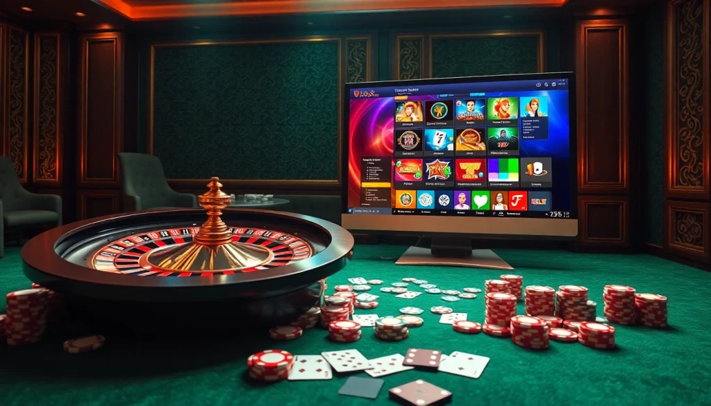 Play exciting games at u888's luxurious online casino, featuring poker chips and a roulette wheel.