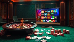 Play exciting games at u888's luxurious online casino, featuring poker chips and a roulette wheel.