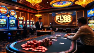 High-stakes poker action at FLY88 casino with colorful chips and cards.
