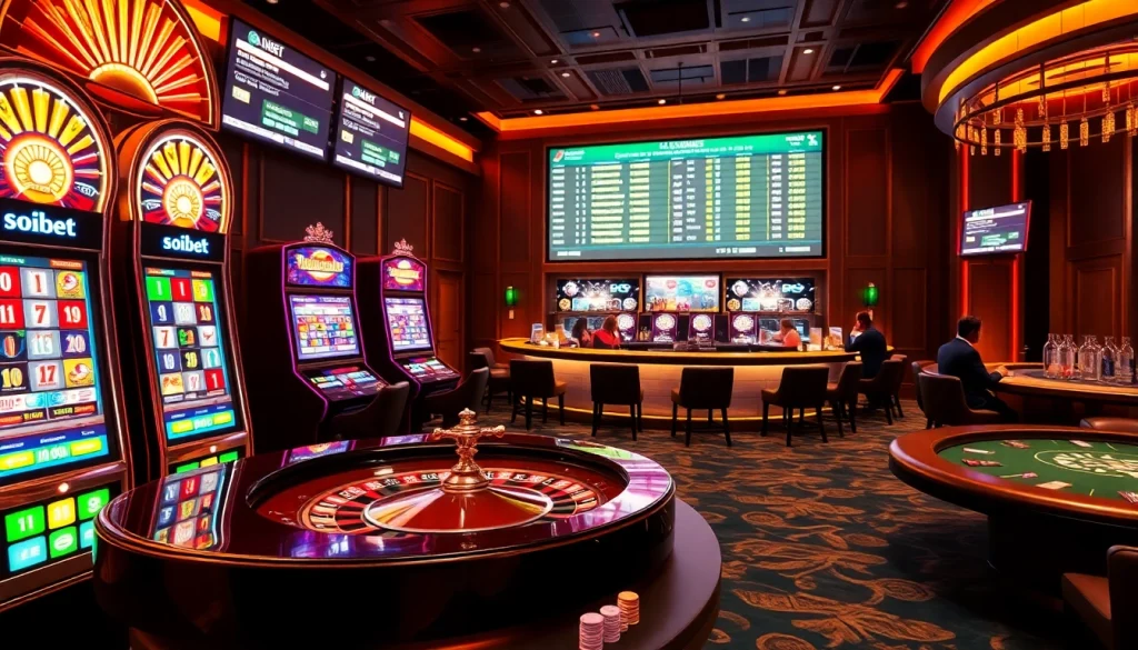 Experience the excitement of soibet with a vibrant casino scene showcasing various gambling activities.
