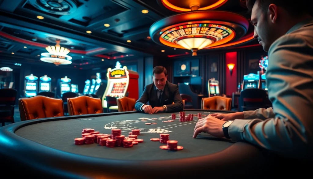Gamblers engaging in a strategic card game at the HITCLUB poker table with vibrant casino decor.