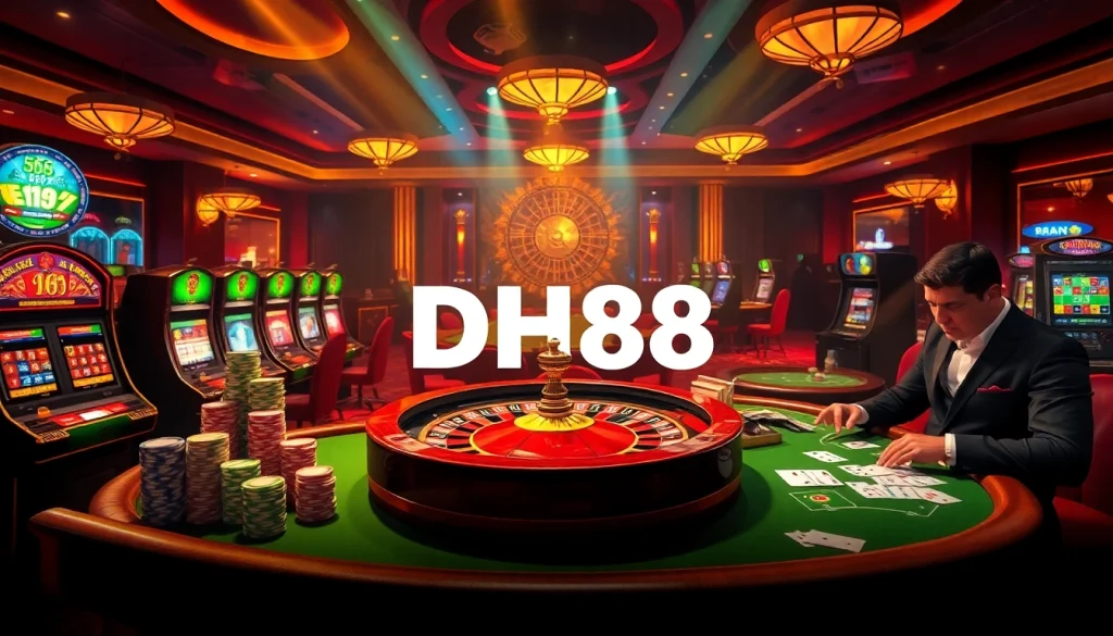 Exciting scene highlighting Đăng Ký DH88 with roulette, poker chips, and vibrant casino ambiance.