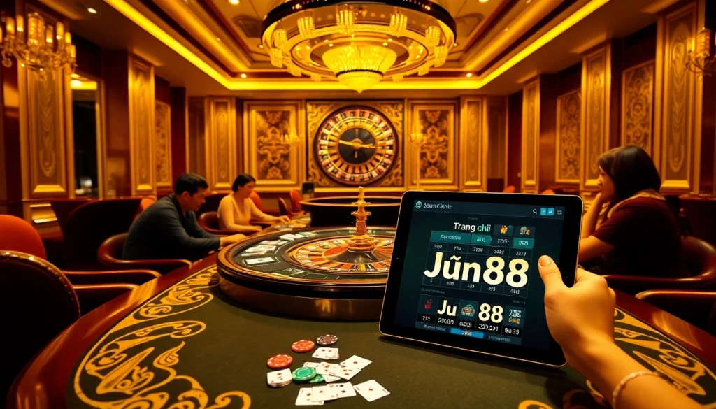A luxurious baccarat table scene showcasing the excitement at trang chủ Jun88 with poker chips and cards.
