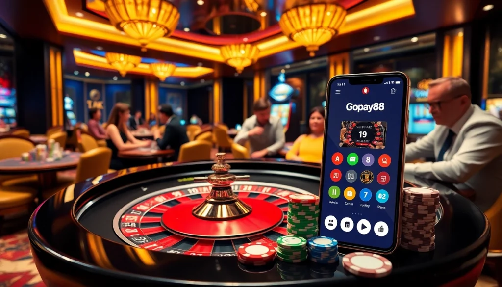 Gopay88 enhances the gaming experience with a luxurious casino scene featuring roulette, poker chips, and excited players.
