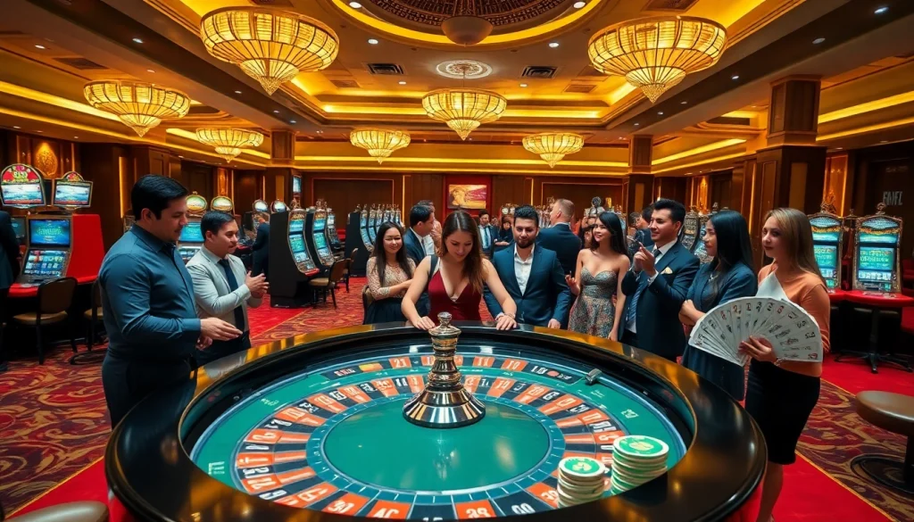 Experience the thrill of đăng ký okfun with exciting casino scenes full of gamblers at roulette tables.