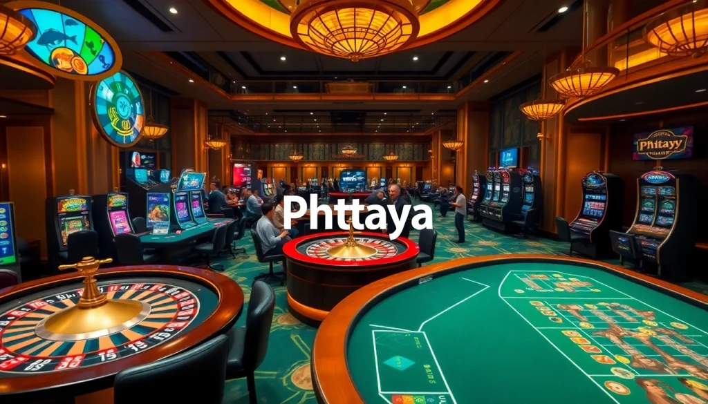 Phtaya players engaged in thrilling casino games with vibrant slot machines and poker tables.
