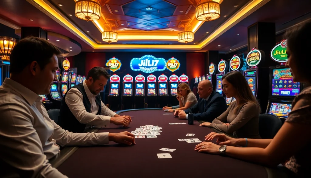 Experience JILI7 gaming action at a high-stakes poker table in a luxurious casino.
