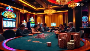 Experience the luxury of Nhà cái TR88 with players enjoying a live poker game in an upscale casino environment.