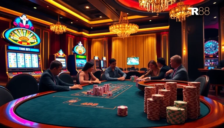 Experience the luxury of Nhà cái TR88 with players enjoying a live poker game in an upscale casino environment.