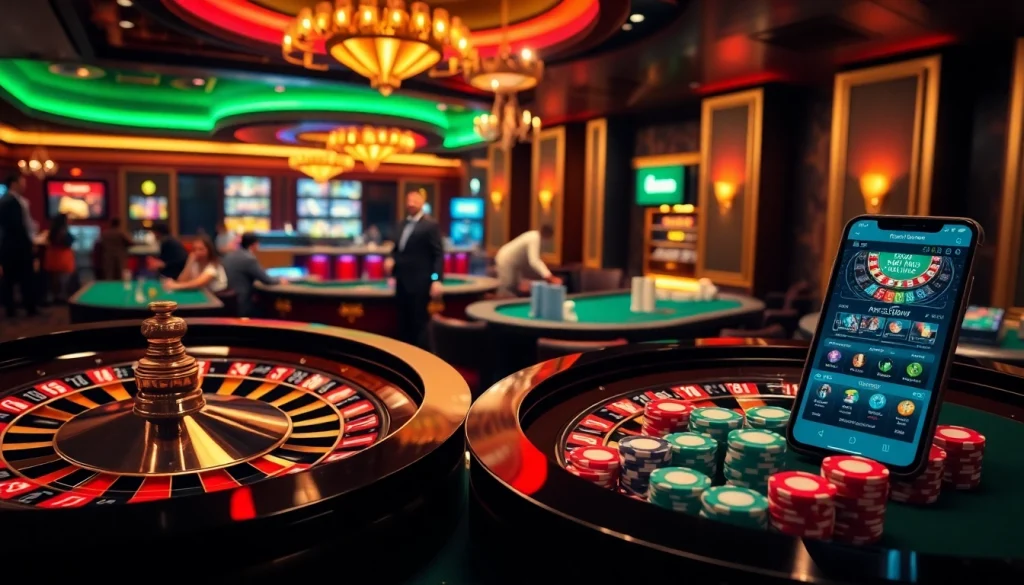 A thrilling casino experience at https://s8glx.com with roulette wheels, poker chips, and excited players.