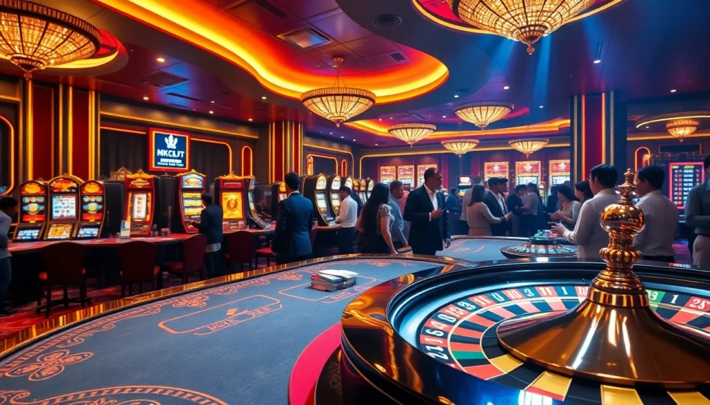 Engaging gamblers in a luxurious setting at https://mk8th.net/, featuring poker tables, slot machines, and a roulette wheel.