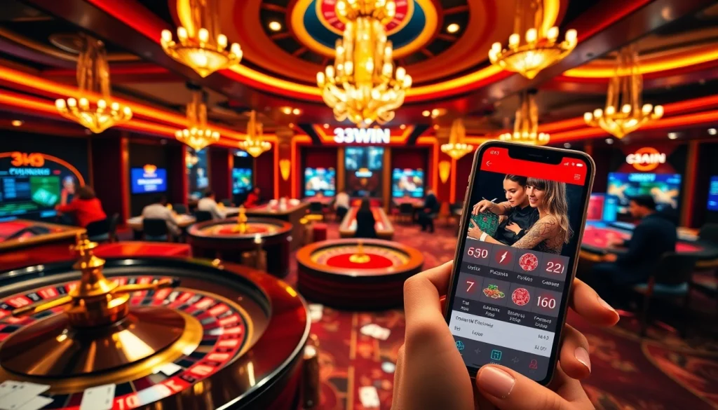 Experience thrilling moments with 33WIN's vibrant casino environment featuring roulette and poker tables.
