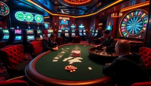 Exciting casino scene showcasing OK FUN at a high-stakes poker table with vibrant slot machines.