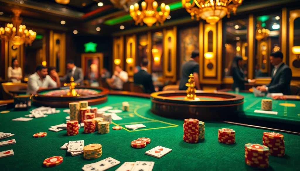 Players engaging in thrilling games at a luxurious casino with rikvip digital displays and vibrant chips.