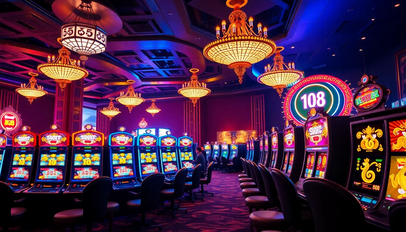Play exciting slot 88 games in a luxury casino setting filled with vibrant slot machines and lively players.