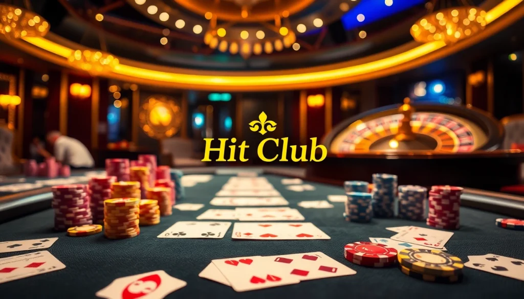 Hit Club gaming table filled with vibrant cards and chips in an exciting casino atmosphere