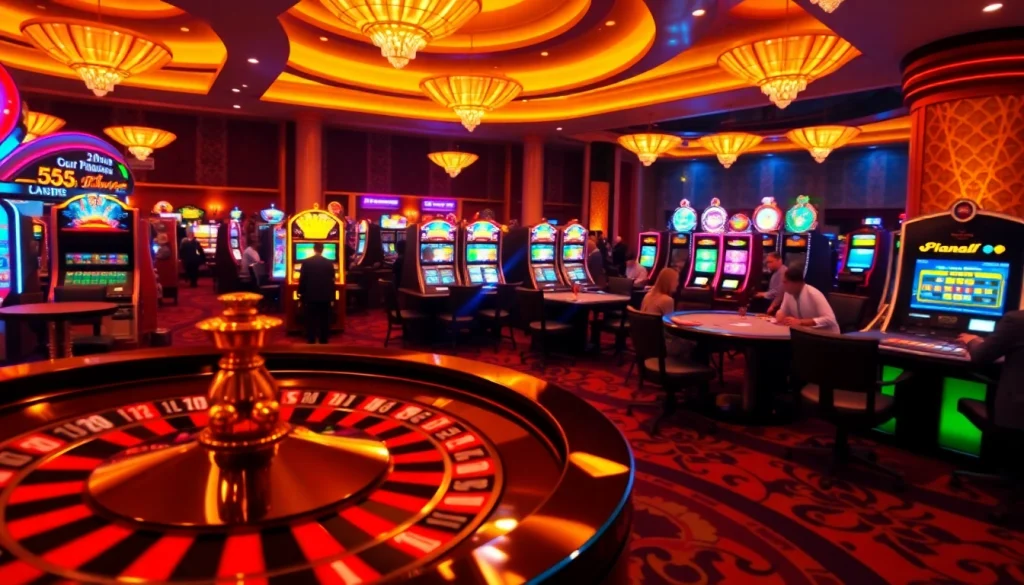 Experience the thrill of 555 win at a lively casino floor with bright lights and excited players.