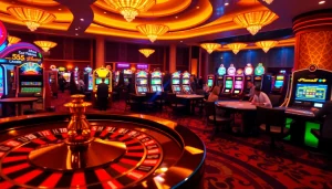 Experience the thrill of 555 win at a lively casino floor with bright lights and excited players.