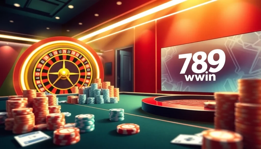 Experience the excitement of 789 win at a luxurious online casino table with poker chips and roulette.