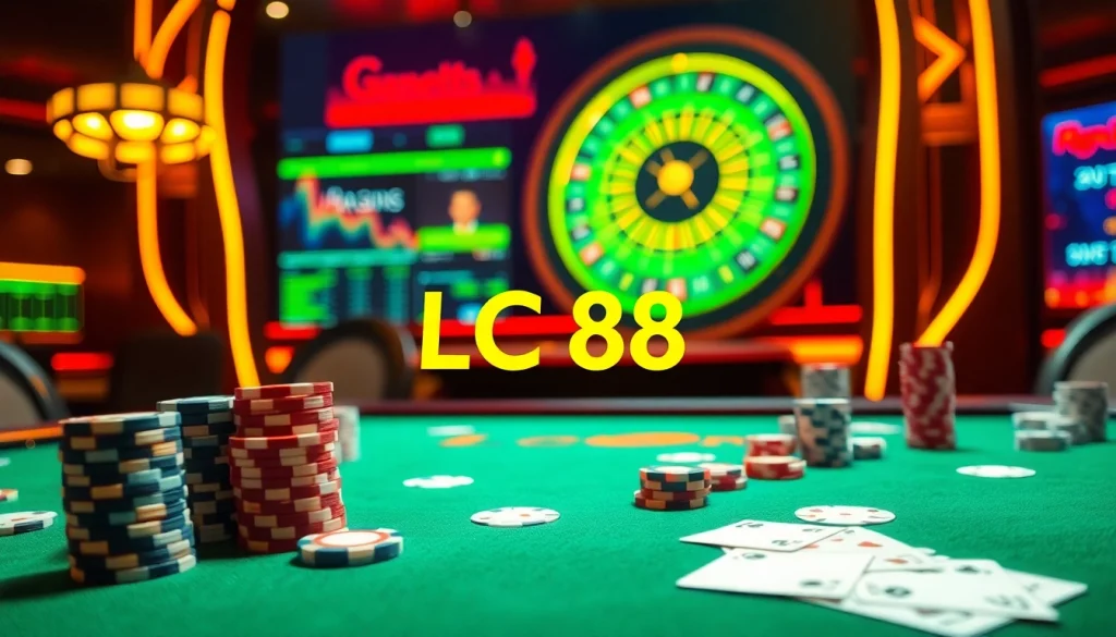 A vibrant casino scene featuring an LC 88-themed gaming table with poker chips and cards, showcasing luxury and excitement.
