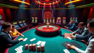 Experience the thrill of online gambling at trang chủ mn66 with a vibrant casino scene showcasing roulette and poker.