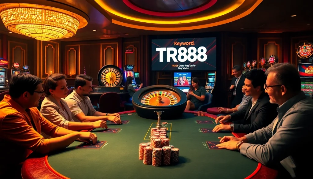 Players enjoy a thrilling poker game at a TR88-themed casino table with vibrant chips.