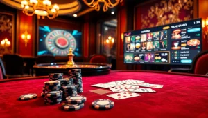 Experience luxury with uu88 vip as players engage at a high-stakes poker table surrounded by vibrant casino elements.