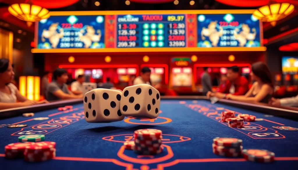 Experience the excitement of Taixiu with animated dice and vibrant casino atmosphere.