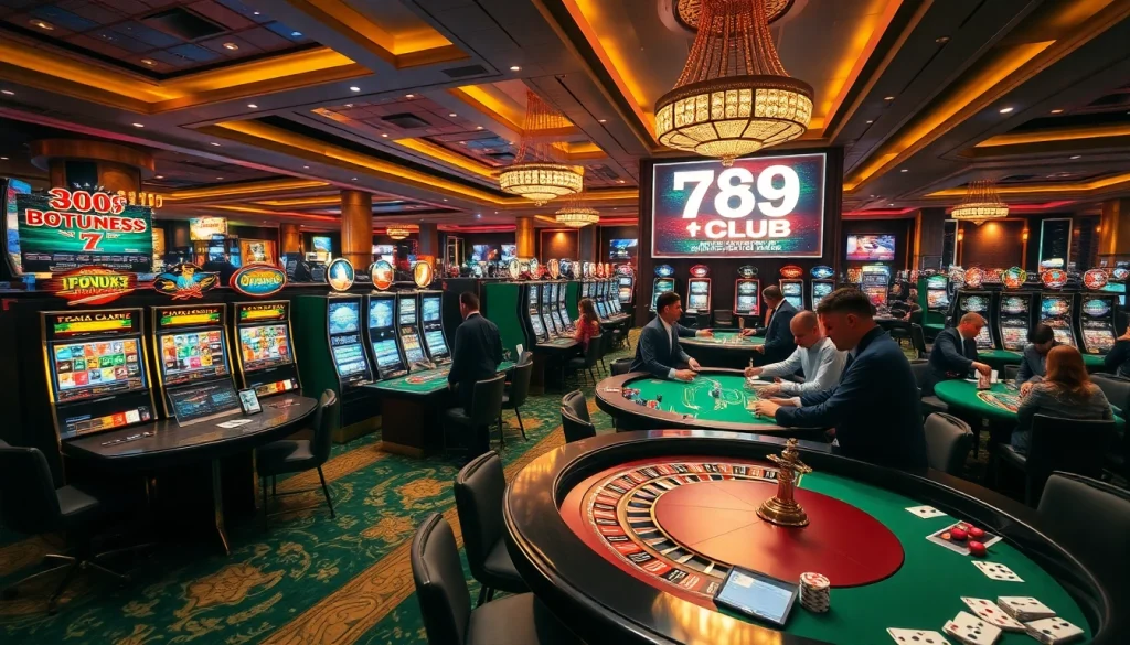 Exciting gaming action showcasing 789CLUB's luxurious casino atmosphere with slot machines and poker tables.