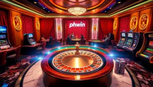 Experience the thrill of phwin gaming with vibrant casino life, roulette wheels, and poker tables.