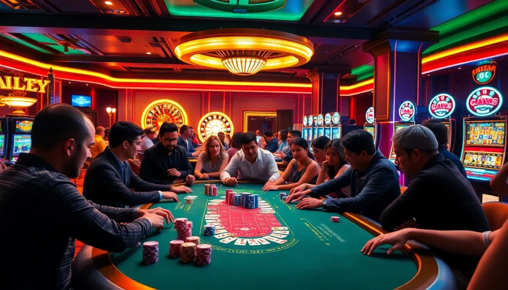 Gamblers enjoying a thrilling gamebai at a luxury casino poker table with vibrant chips.