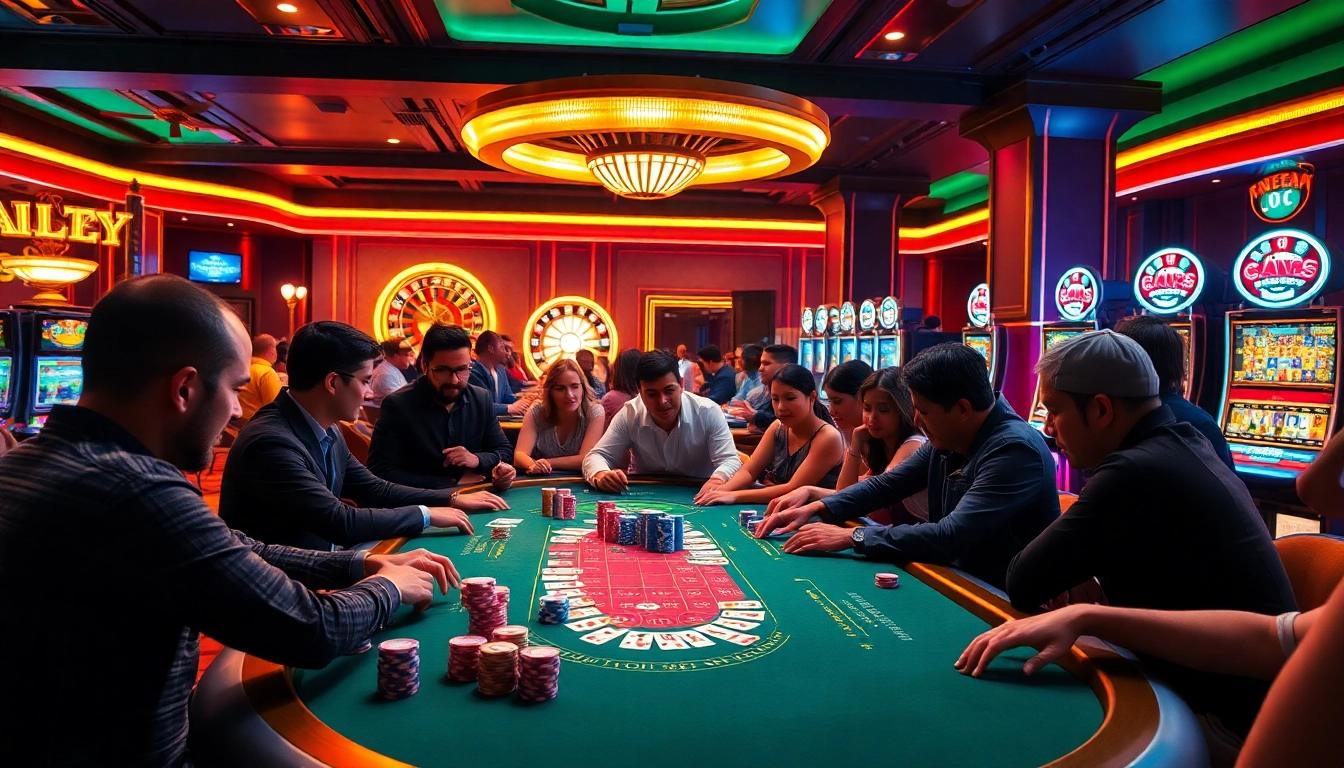 Gamblers enjoying a thrilling gamebai at a luxury casino poker table with vibrant chips.
