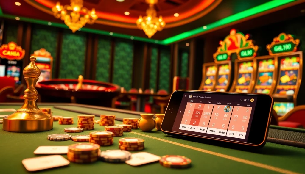 Experience the excitement of trang chủ gg88 with a lively casino table showcasing vibrant slot machines and luxury gaming elements.