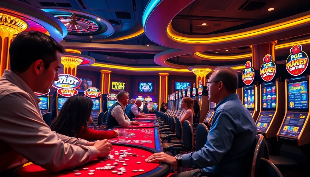 Play exciting PGSLOT games in a vibrant, luxurious casino atmosphere filled with slot machines.