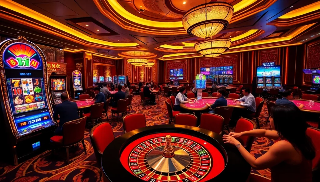 Excited players try their luck at the vibrant no hu slot machine in a luxurious casino atmosphere.