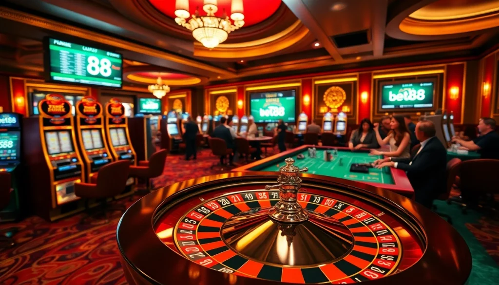 Players engaging in a thrilling casino experience at bet88 with roulette, slot machines, and poker, showcasing excitement.