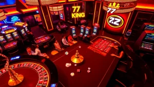 Experience the thrill of 79 king gameplay with vibrant casino visuals, featuring roulette tables and slot machines.