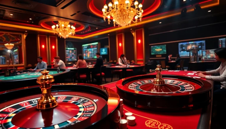 Experience the thrill of gambling at bk8thai with players enjoying a luxurious casino setting.