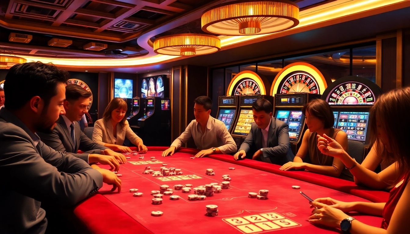 Engaged players at a luxurious gojekpot table in a vibrant casino scene.