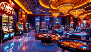 High-stakes gaming excitement at FLY88 casino with vibrant slot machines and poker tables.